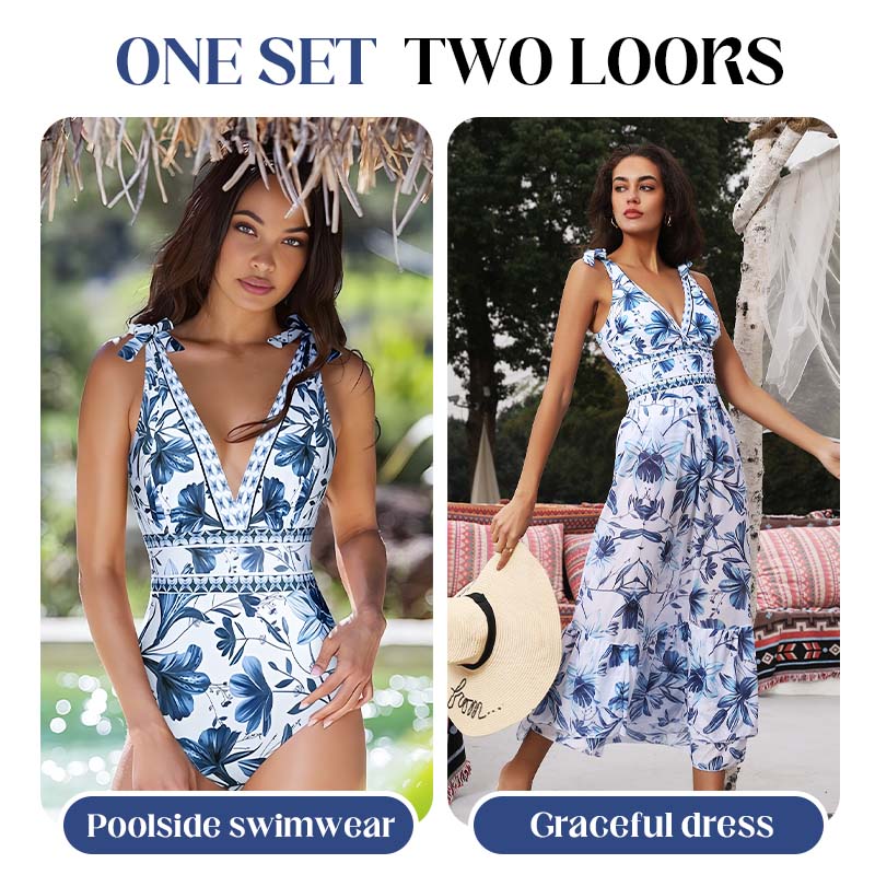 💥 Special Sale 49% OFF💥 V Neck Lace Up Printed One Piece Swimsuit and Skirt