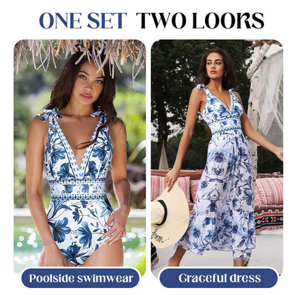 💃Last Day Special Sale 49% OFF🩱 V Neck Lace Up Printed One Piece Swimsuit and Skirt