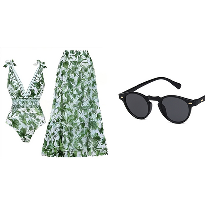 💃Last Day Special Sale 49% OFF🩱 V Neck Lace Up Printed One Piece Swimsuit and Skirt