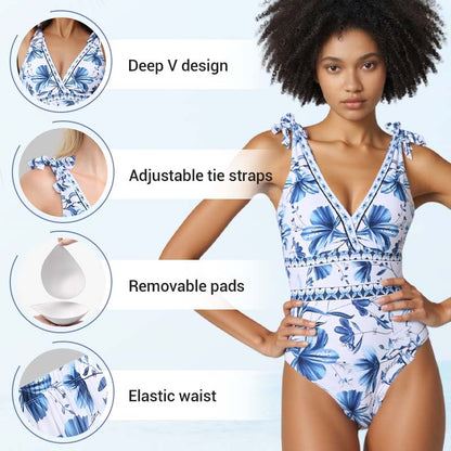 💃Last Day Special Sale 49% OFF🩱 V Neck Lace Up Printed One Piece Swimsuit and Skirt