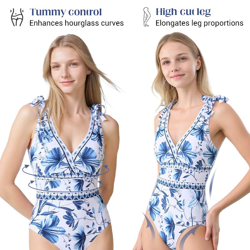 💥 Special Sale 49% OFF💥 V Neck Lace Up Printed One Piece Swimsuit and Skirt