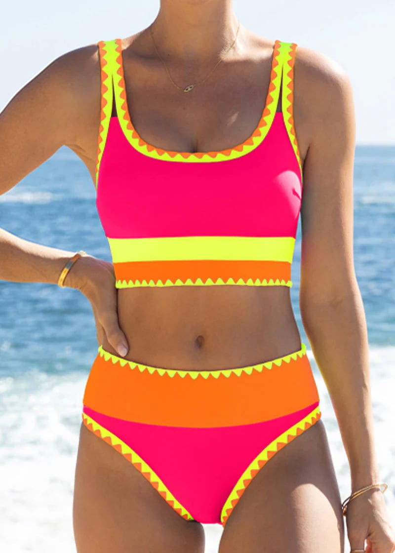 🏖️Hot Sale 50% OFF🌼Color Block Patchwork Nylon Sporty 3-Piece Bikini Set - High Waisted & Tummy Control Swimsuit👙🌈