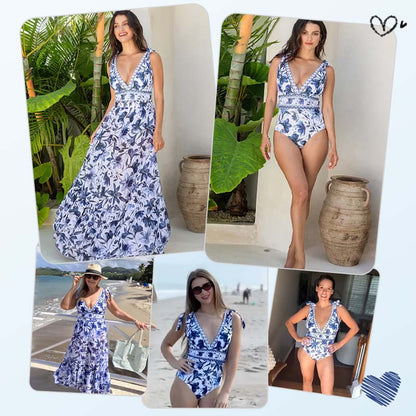 💥 Special Sale 49% OFF💥 V Neck Lace Up Printed One Piece Swimsuit and Skirt
