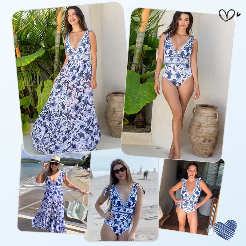 💃Last Day Special Sale 49% OFF🩱 V Neck Lace Up Printed One Piece Swimsuit and Skirt