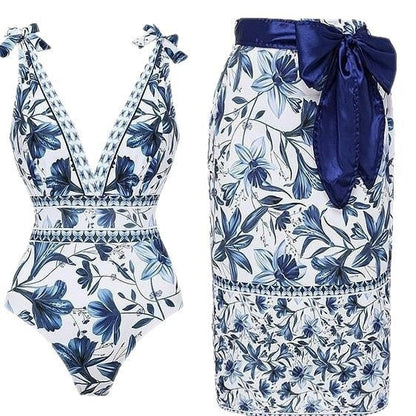 💥Last Day Special Sale 49% OFF🩱V Neck Lace Up Printed One Piece Swimsuit and Skirt