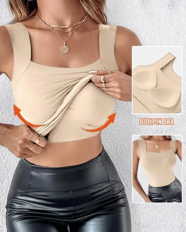 🏆🌟Last Day Special Price ￡8.99!!🎀Women's U Neck Shapewear Built-in Bra Tank High Strechy Sleeveless Slim Fit Tops Camisole