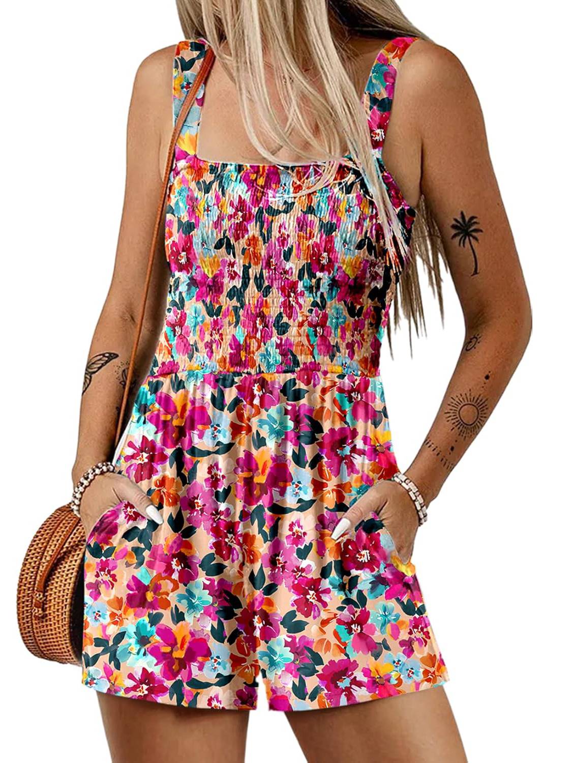 ⏰Hot Sale - 50% Off💃 Floral Print Sleeveless Shorts Jumpsuit with Pockets