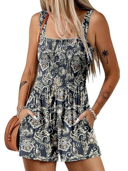 ⏰Hot Sale - 50% Off💃 Floral Print Sleeveless Shorts Jumpsuit with Pockets