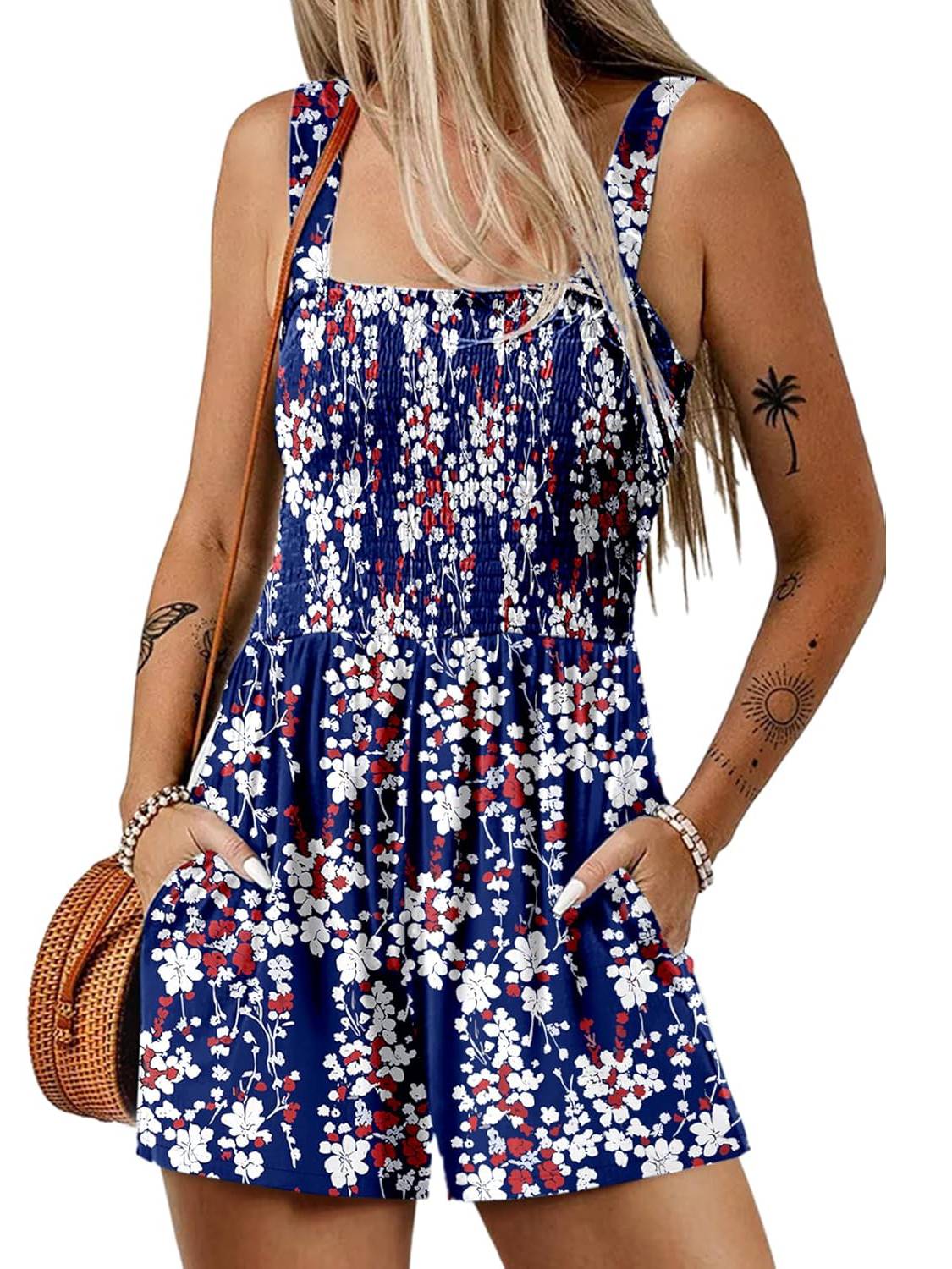 ⏰Hot Sale - 50% Off💃 Floral Print Sleeveless Shorts Jumpsuit with Pockets