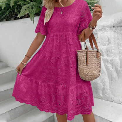🔥Last Day Sale 50% OFF!!💖Women's Solid Round Neck Floral Cut-Out Dress