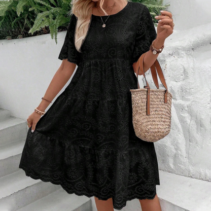 🔥Last Day Sale 50% OFF!!💖Women's Solid Round Neck Floral Cut-Out Dress