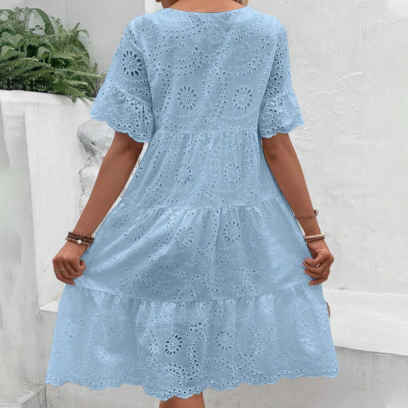 🔥Last Day Sale 50% OFF!!💖Women's Solid Round Neck Floral Cut-Out Dress
