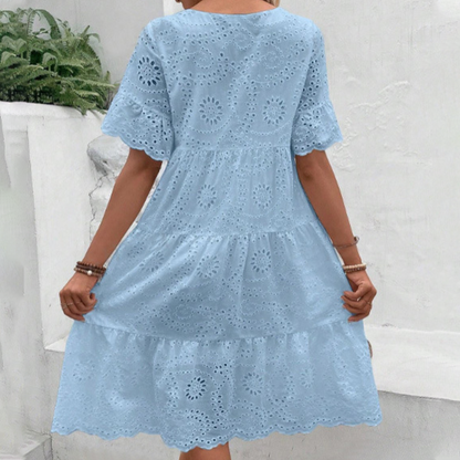 🔥Last Day Sale 50% OFF!!💖Women's Solid Round Neck Floral Cut-Out Dress