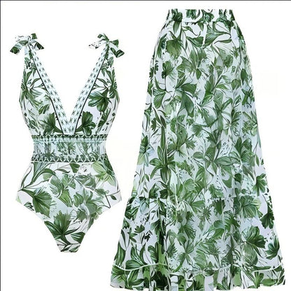 💃Last Day Special Sale 49% OFF🩱 V Neck Lace Up Printed One Piece Swimsuit and Skirt