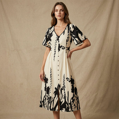 🎁New arrival 50% OFF💥Soft Botanical Print V-Neck Midi Dress – Elegant, Lightweight & All-Match