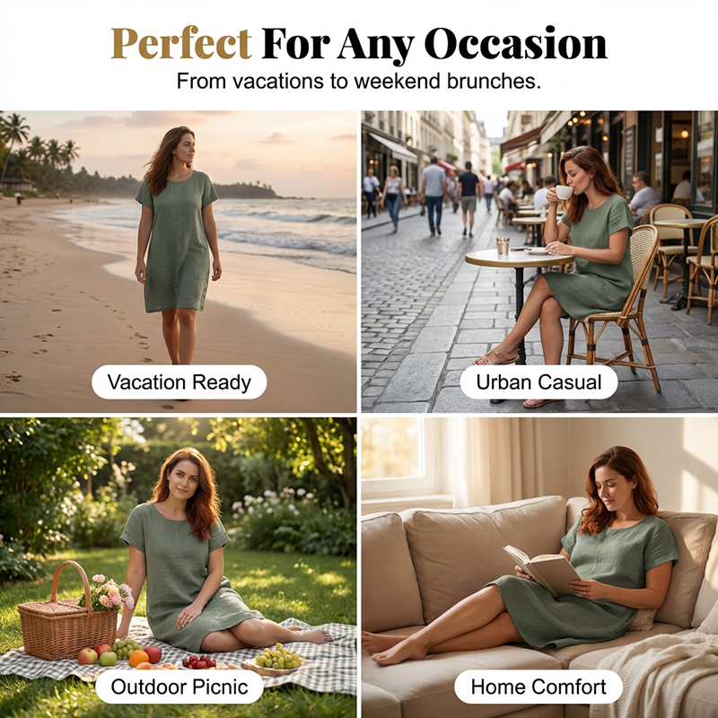 🌿Summer Cool Deal: 49% OFF!!💃☀️Women’s Cotton-Linen Casual Dress – Breathable, Relaxed Fit with Functional Pockets