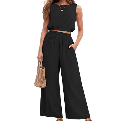 🏖️Summer Cool Deal: 70% OFF!!💃Women's 2-Piece Solid Color Breathable Tank Top & Wide Leg Loose Pants Set