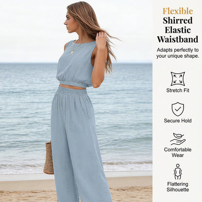 🏖️Summer Cool Deal: 70% OFF!!💃Women's 2-Piece Solid Color Breathable Tank Top & Wide Leg Loose Pants Set