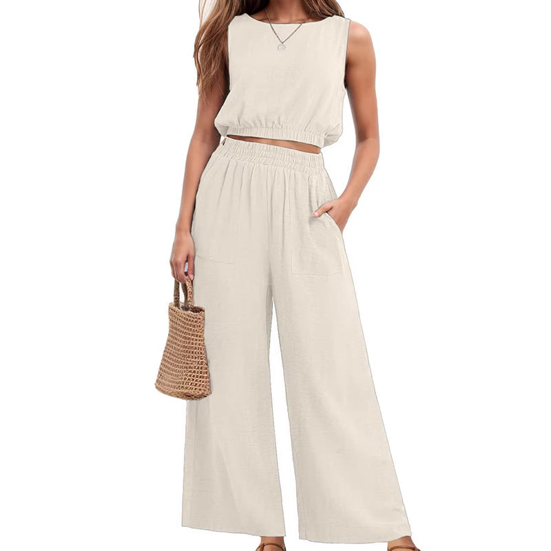 🏖️Summer Cool Deal: 70% OFF!!💃Women's 2-Piece Solid Color Breathable Tank Top & Wide Leg Loose Pants Set