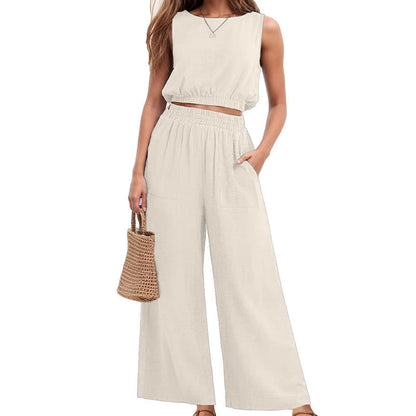 🏖️Summer Cool Deal: 70% OFF!!💃Women's 2-Piece Solid Color Breathable Tank Top & Wide Leg Loose Pants Set