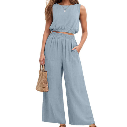 🏖️Summer Cool Deal: 70% OFF!!💃Women's 2-Piece Solid Color Breathable Tank Top & Wide Leg Loose Pants Set