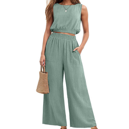 🏖️Summer Cool Deal: 70% OFF!!💃Women's 2-Piece Solid Color Breathable Tank Top & Wide Leg Loose Pants Set