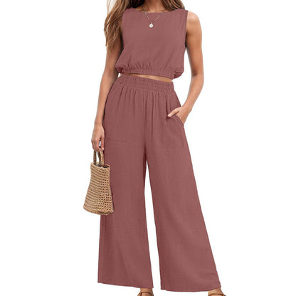 🏖️Summer Cool Deal: 70% OFF!!💃Women's 2-Piece Solid Color Breathable Tank Top & Wide Leg Loose Pants Set