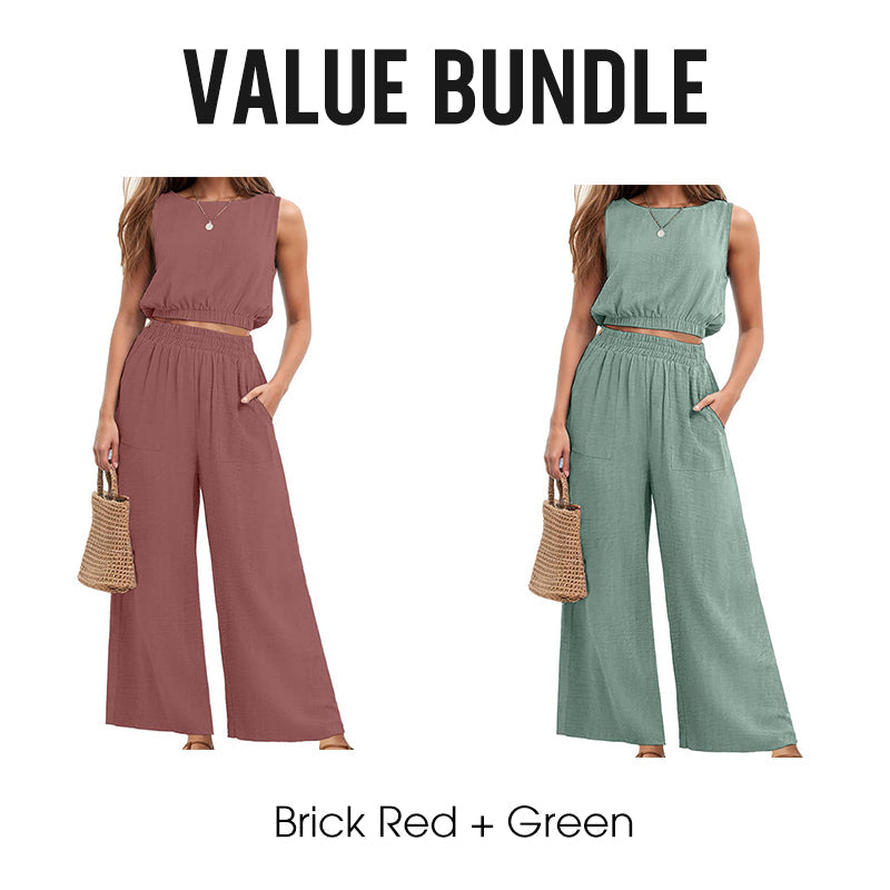 🏖️Summer Cool Deal: 70% OFF!!💃Women's 2-Piece Solid Color Breathable Tank Top & Wide Leg Loose Pants Set
