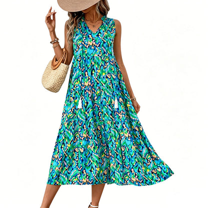 Women's Sleeveless Abstract Print Tiered Midi Dress   – free shipping on 2 items (save £3)! 🚚💷✨