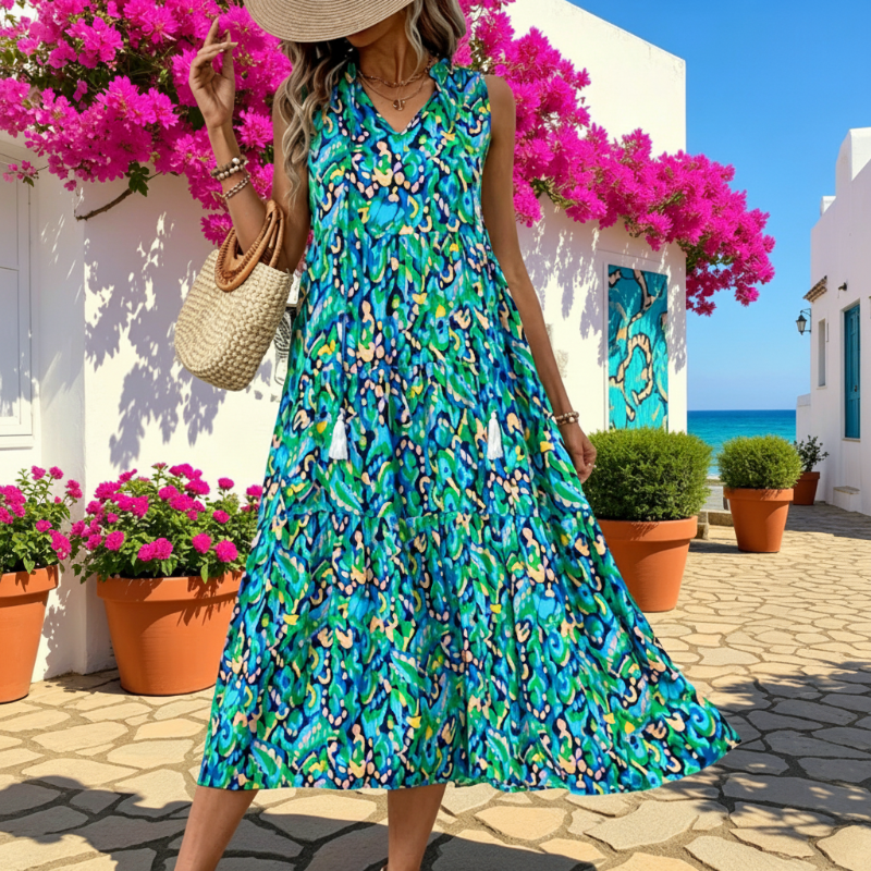 Women's Sleeveless Abstract Print Tiered Midi Dress   – free shipping on 2 items (save £3)! 🚚💷✨