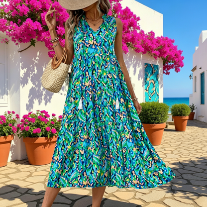 Women's Sleeveless Abstract Print Tiered Midi Dress   – free shipping on 2 items (save £3)! 🚚💷✨
