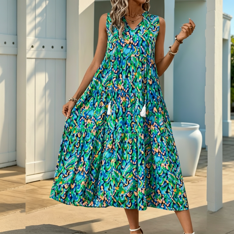 Women's Sleeveless Abstract Print Tiered Midi Dress   – free shipping on 2 items (save £3)! 🚚💷✨