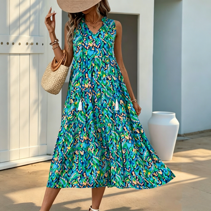 Women's Sleeveless Abstract Print Tiered Midi Dress   – free shipping on 2 items (save £3)! 🚚💷✨