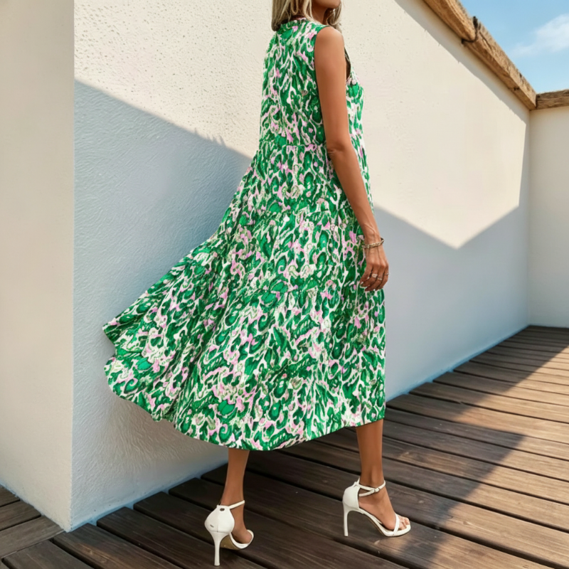 Women's Sleeveless Abstract Print Tiered Midi Dress   – free shipping on 2 items (save £3)! 🚚💷✨