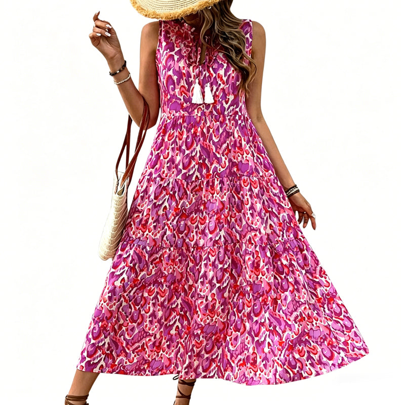 Women's Sleeveless Abstract Print Tiered Midi Dress   – free shipping on 2 items (save £3)! 🚚💷✨