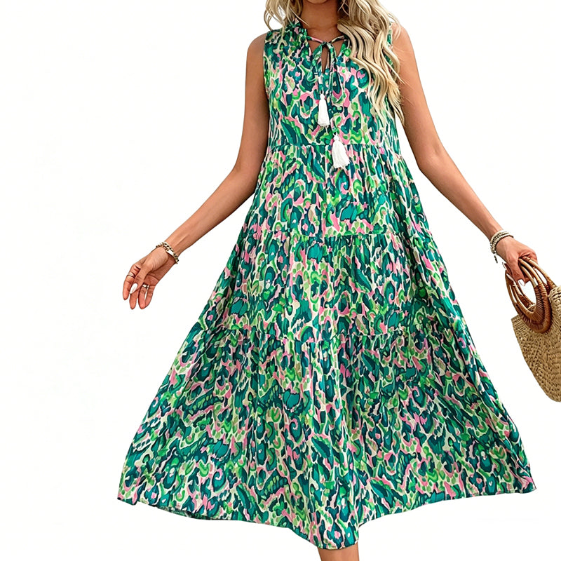 Women's Sleeveless Abstract Print Tiered Midi Dress   – free shipping on 2 items (save £3)! 🚚💷✨