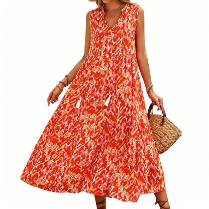 Women's Sleeveless Abstract Print Tiered Midi Dress   – free shipping on 2 items (save £3)! 🚚💷✨