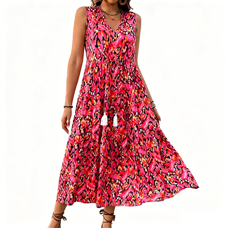 Women's Sleeveless Abstract Print Tiered Midi Dress   – free shipping on 2 items (save £3)! 🚚💷✨