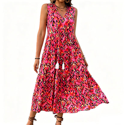 Women's Sleeveless Abstract Print Tiered Midi Dress   – free shipping on 2 items (save £3)! 🚚💷✨